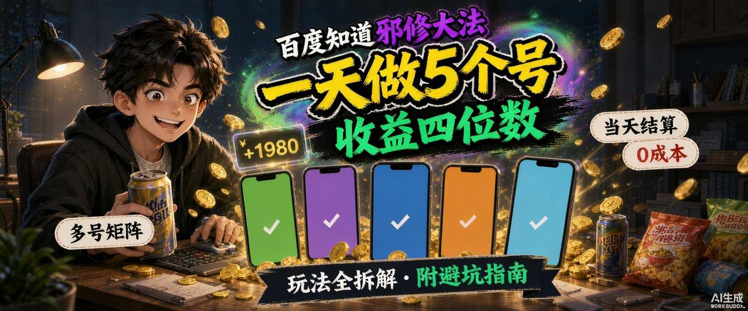 图片展示的是百度知道网盘拉新“邪修大法”相关内容。画面中,一位年轻男子坐在桌前,桌上摆放着饮料、零食和手机等物品。背景有彩色光效和金币。图片上方文字为“百度知道邪修大法 一天做5个号 收益四位数”,下方文字有“多号矩阵”“玩法全拆解·附避坑指南”等。右侧文字显示“当天结算 0成本 +1980”。该图片与文档中介绍百度知道网盘拉新、使用工具实现自动化/半自动等内容相契合,直观呈现了拉新玩法。