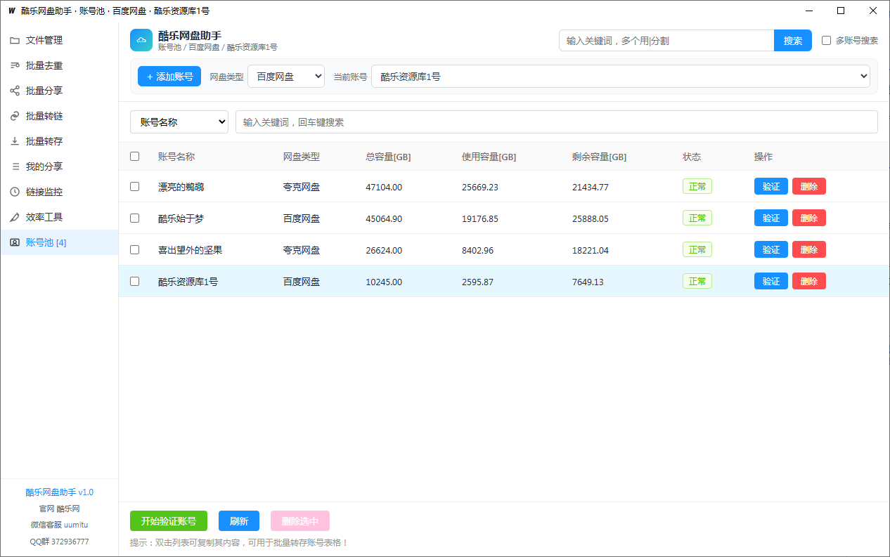 图片展示的是网盘助手中账号池界面。界面顶部有“账号名称”下拉框,下方表格列出了账号名称、网盘类型、总容量、使用容量、剩余容量、状态及操作栏。其中“酷乐资源库1号”显示总容量10245.00GB,使用容量295.87GB,剩余容量7648.13GB,状态为正常。底部有“开始测试账号”“测试”“测试账号”按钮。该图片与上文介绍的账号池功能相关,直观呈现了账号池中账号信息及操作选项。
