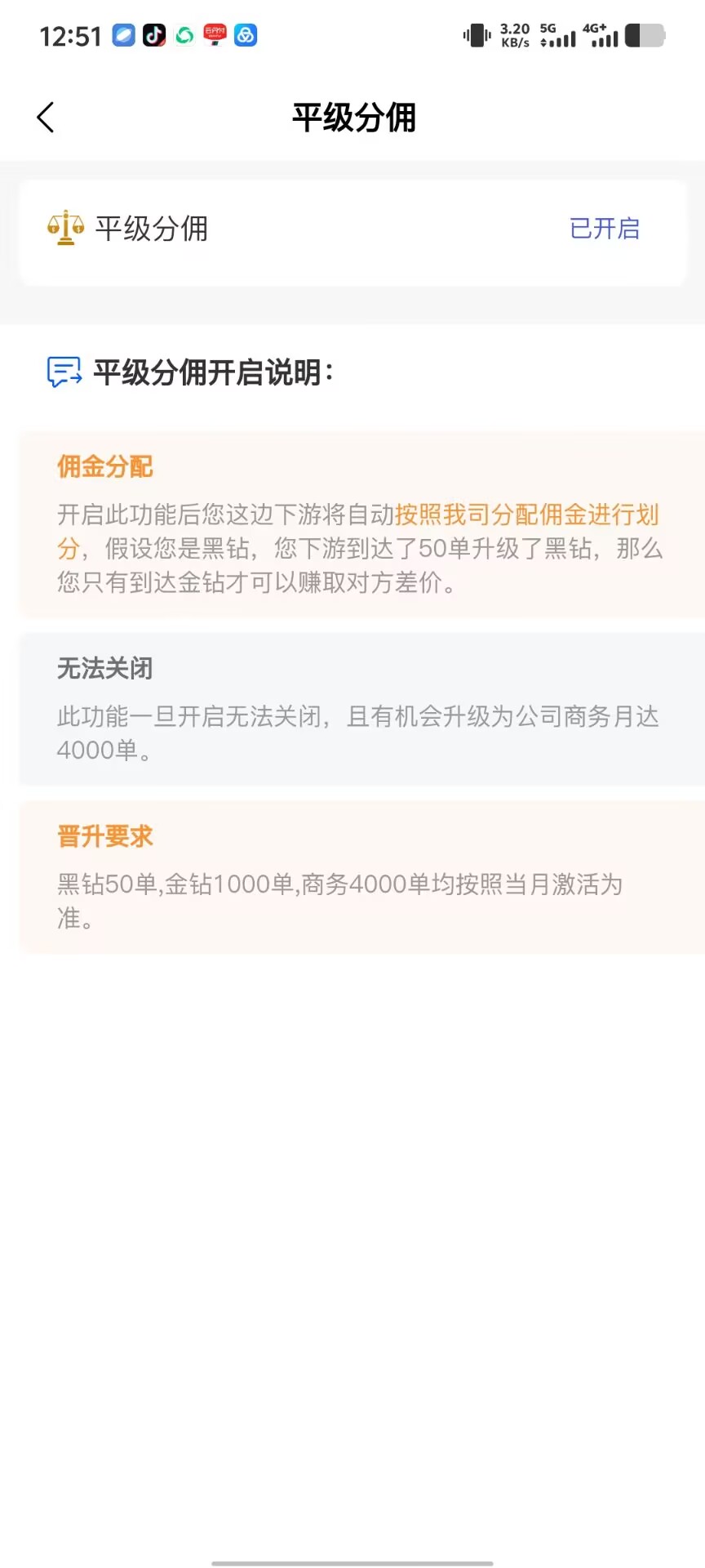 图片展示的是流量卡分销渠道中团队邀请下级的“平级分佣”设置界面。界面上方显示“平级分佣”已开启。下方有“平级分佣开启说明”，包括佣金分配、无法关闭及晋升要求等内容。佣金分配说明开启此功能后下游将自动按公司分配佣金划分；无法关闭说明此功能无法关闭，有机会升级为公司商务月达4000单；晋升要求说明黑钻50单、金钻1000单、商务4000单均按当月激活为准。该图片与上文介绍的团队邀请下级操作相呼应，展示了平级分佣的相关设置信息。